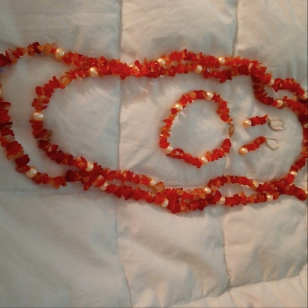 Genuine. natural carnelian and fresh water pearl necklace, bracelet, and earring
